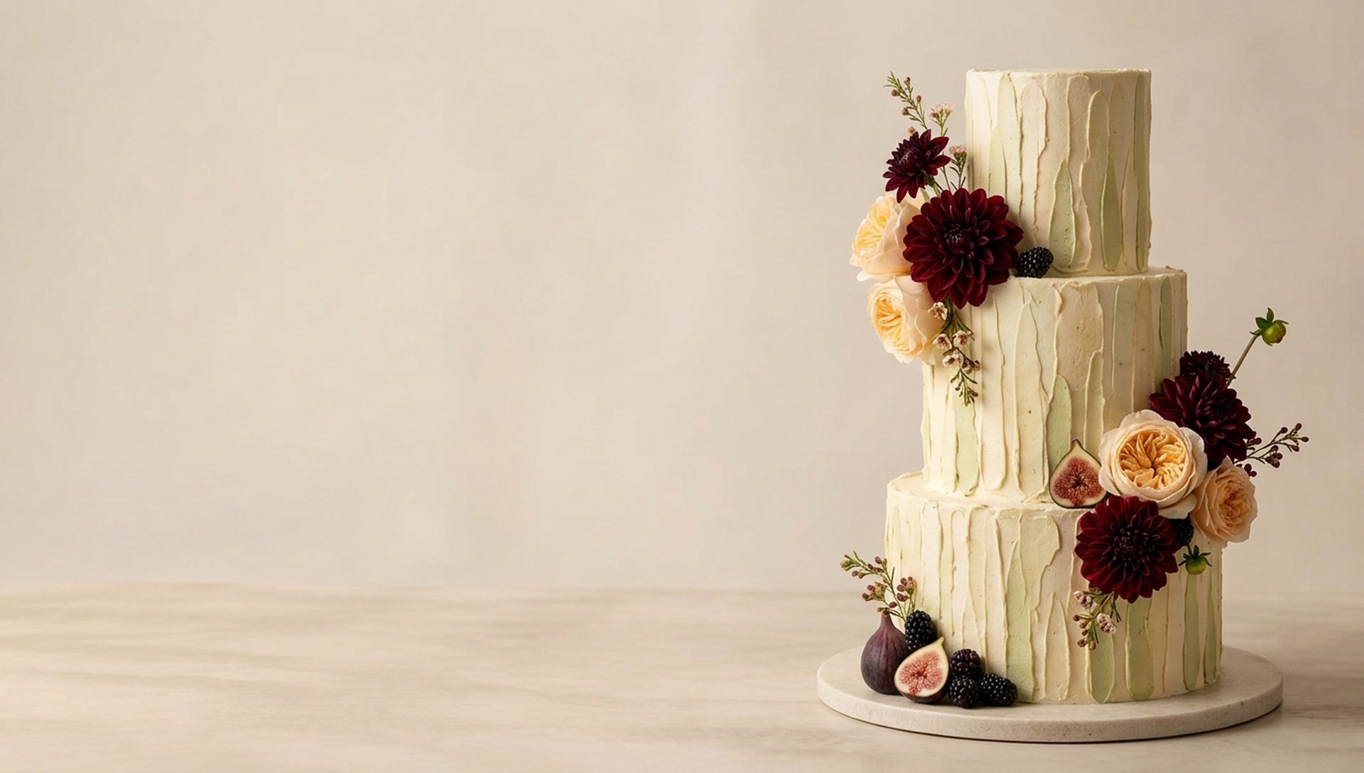 Three-tier ivory celebration cake with cherries and dried flowers