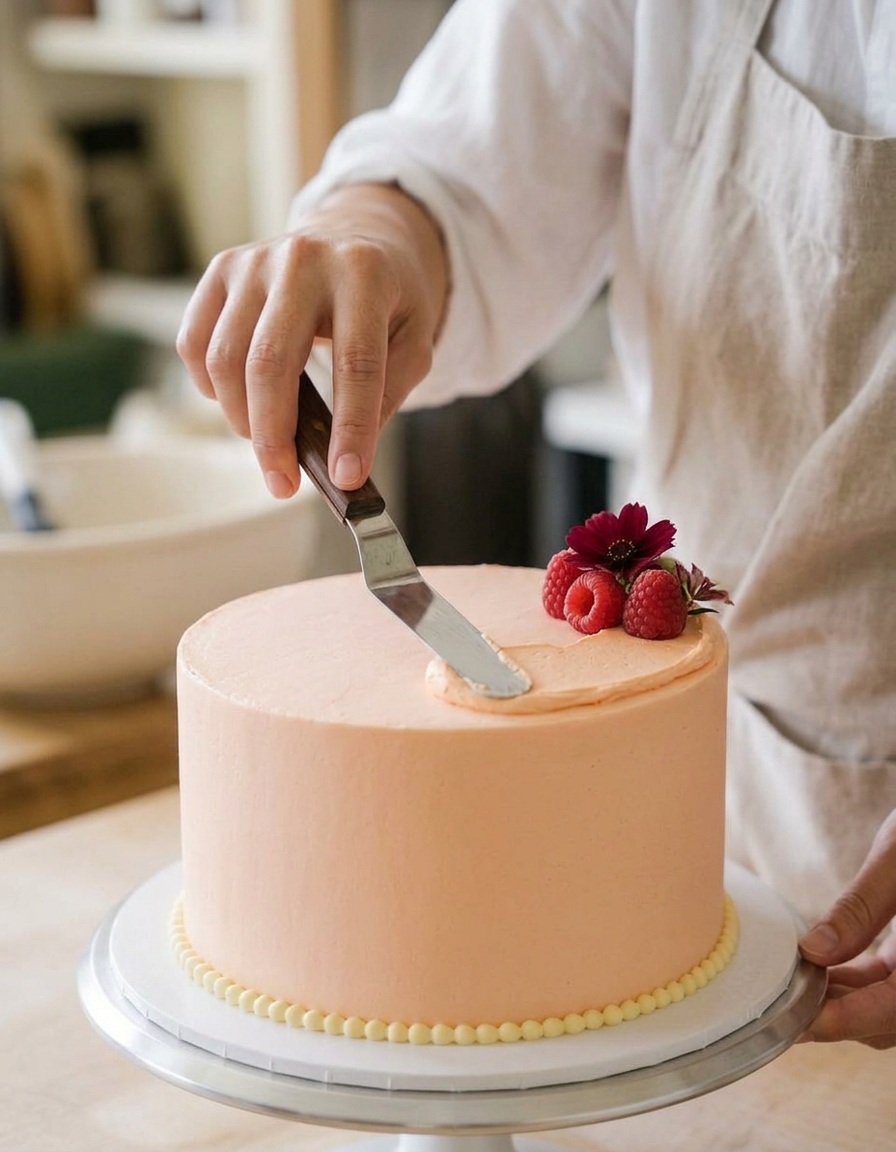Hand piping buttercream onto a cake